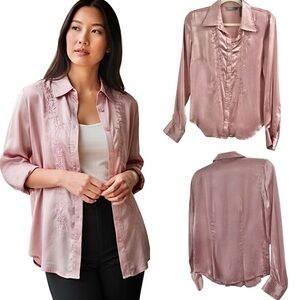 Hillard & Hanson 100% Silk Embroidered Accent Button Down Blouse Size Small